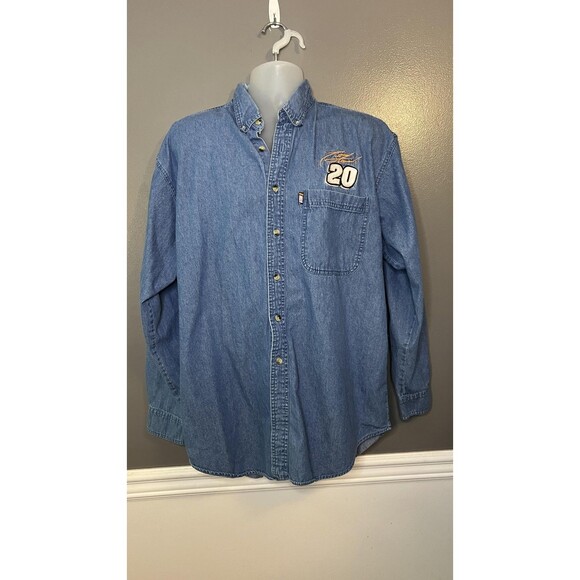NASCAR 20 Shirt Mens Large Blue Denim Long Sleeve Button Down Racing Embroidered - Picture 1 of 8